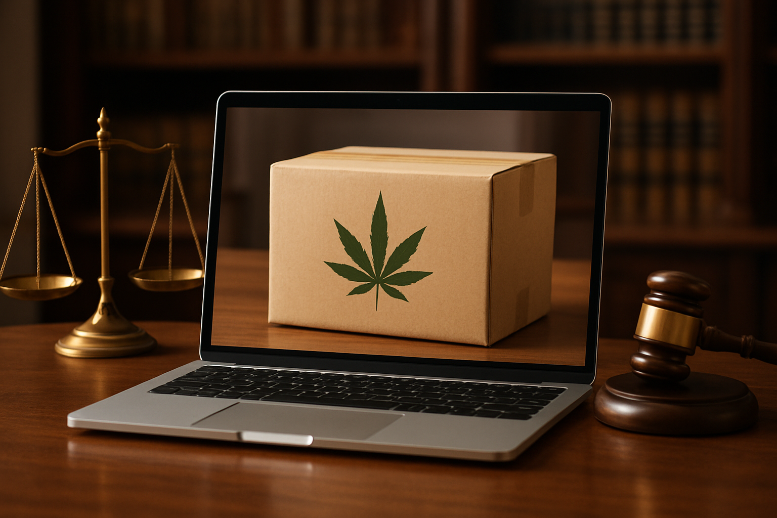 A laptop displaying a cannabis package with legal symbols in the background